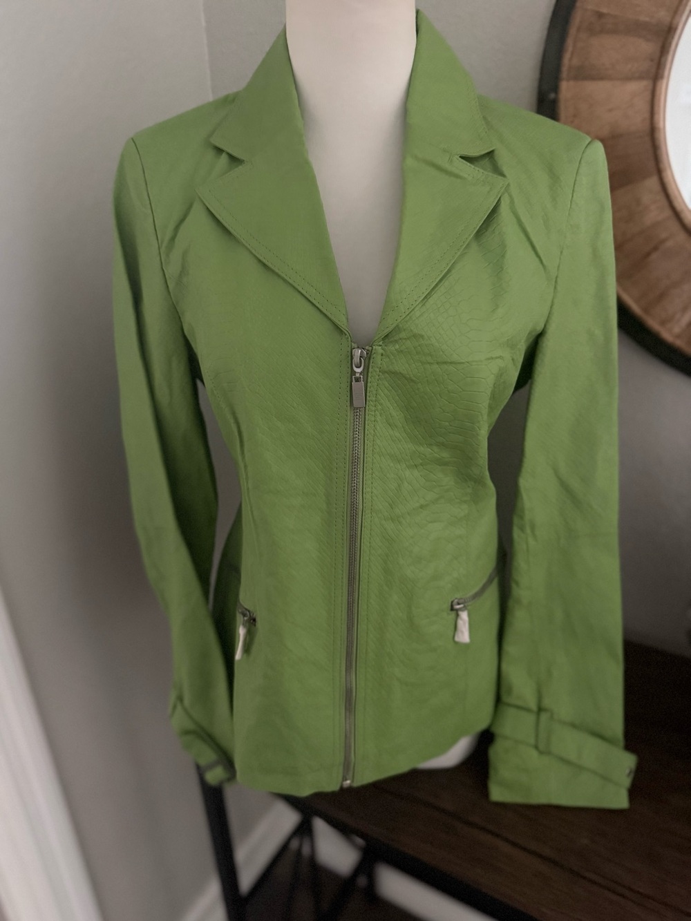 Pamela McCoy Genuine Leather Jacket NWT XS Green Snake Croc Embossed Moto Zip